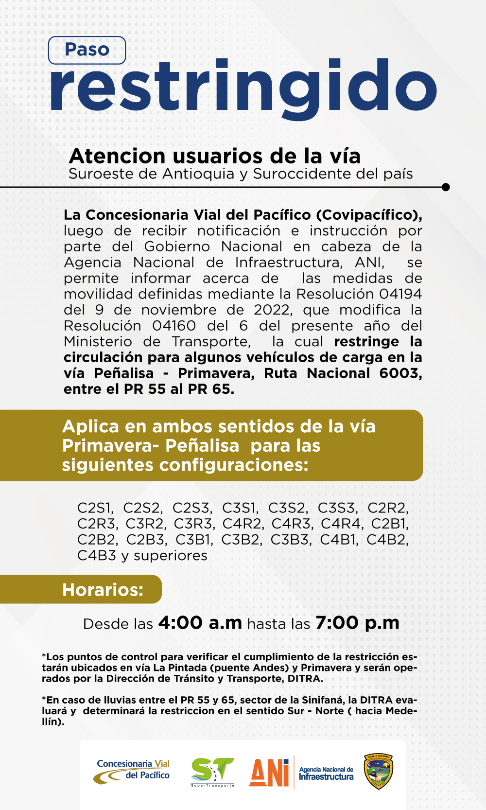 Restricciones de movilidad para vehículos de carga en la vía Peñalisa ...